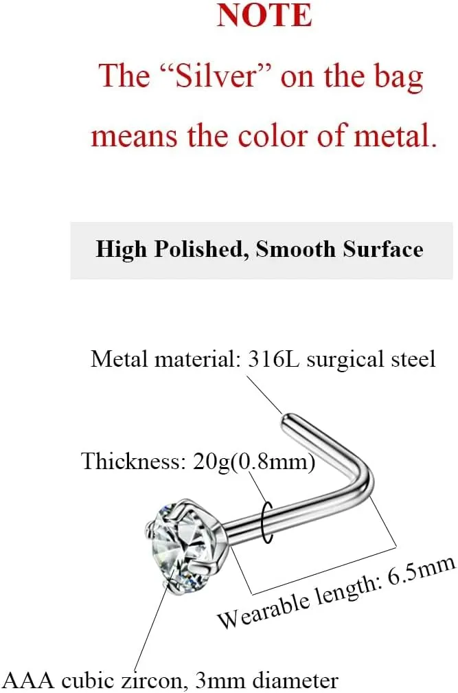 20G Nose Rings Hoops Studs, Stainless Steel Round CZ L Shaped Nose Screw Straight Studs, Hypoallergenic Diamond Double Nose Hoops, Clear Nose Rings For Women Men Nostril Piercing Jewelry