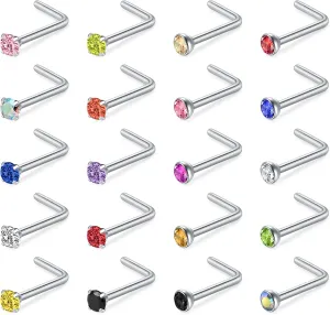 20G Nose Rings Hoops Studs, Stainless Steel Round CZ L Shaped Nose Screw Straight Studs, Hypoallergenic Diamond Double Nose Hoops, Clear Nose Rings For Women Men Nostril Piercing Jewelry
