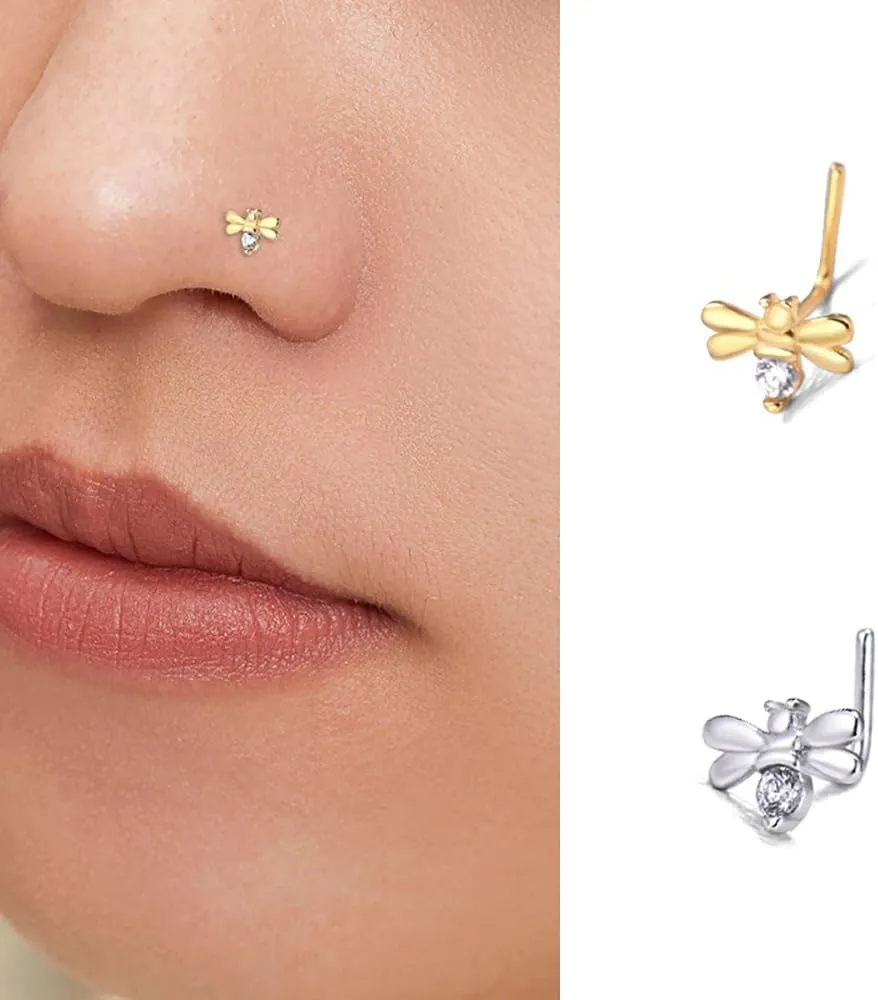 20G S925 Sterling Silver Bee Nose Studs Rings for Women Cute Bumblebee L-Shaped Nose Rings Studs Nose Nostril Piercing Jewelry