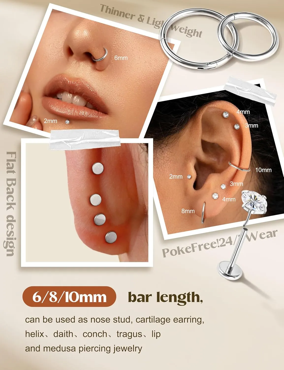 20G/18G Nose Rings Studs for Women Men - 14K Gold Filled Flat Back Nose Studs Nose Ring Hoops Hypoallergenic Surgical Steel Threadless Push in CZ Helix Tragus Conch Nostril Cartilage Piercing Jewelry
