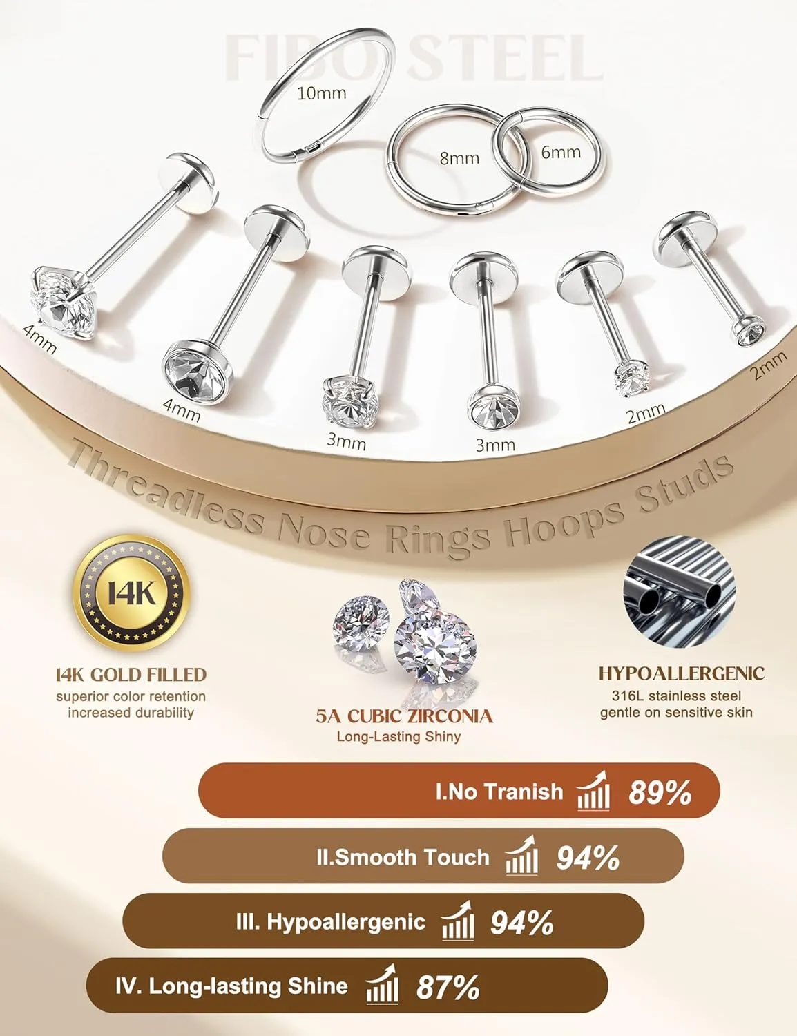 20G/18G Nose Rings Studs for Women Men - 14K Gold Filled Flat Back Nose Studs Nose Ring Hoops Hypoallergenic Surgical Steel Threadless Push in CZ Helix Tragus Conch Nostril Cartilage Piercing Jewelry