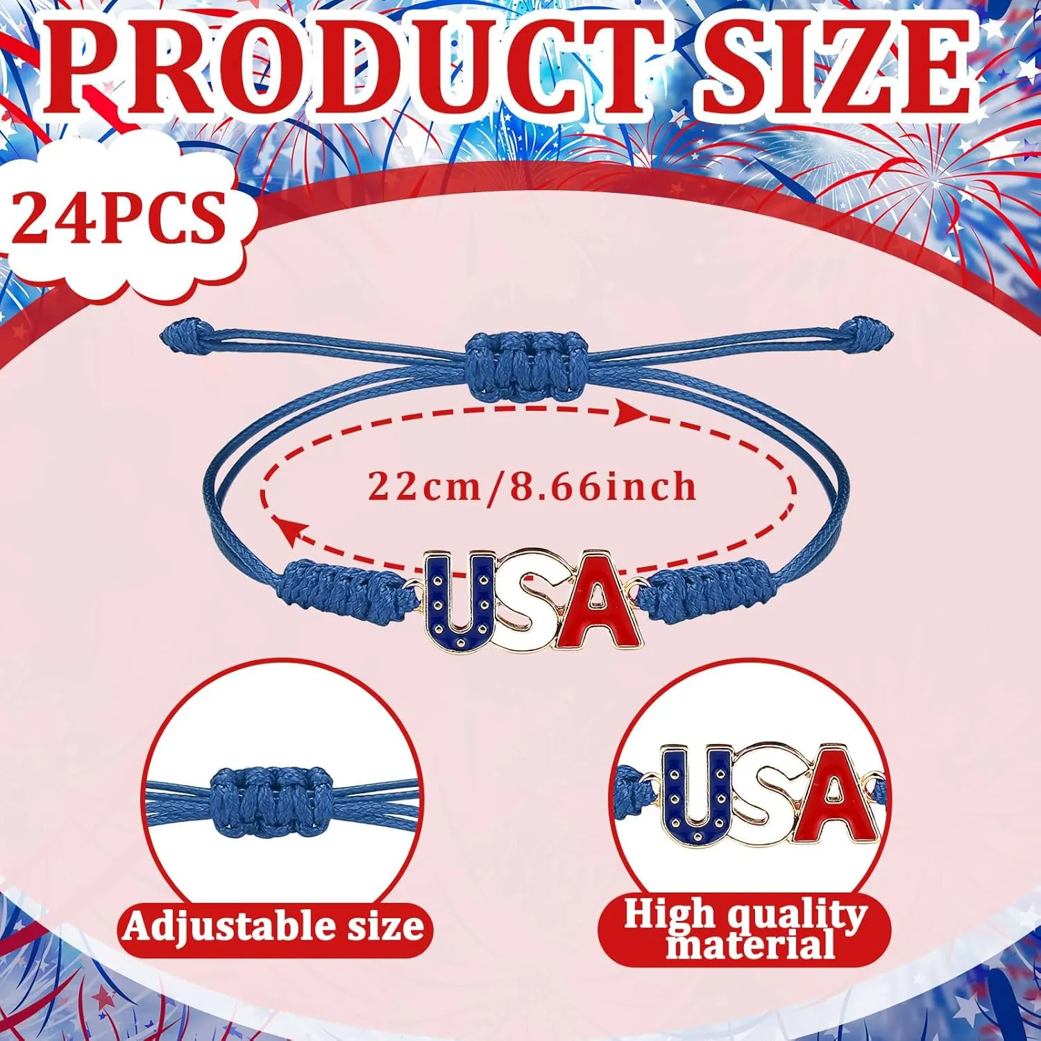 24 Pcs 4th of July Bracelets Red White and Blue USA Star American Flag String Woven Bracelets Bulk decorations for Patriotic Independence Day Party Favors