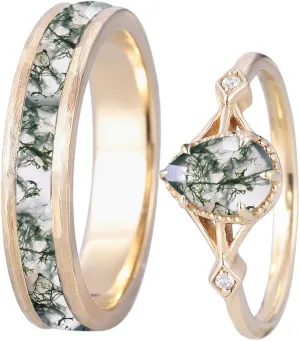 2CT Pear Cut Natural Moss Agate Couple Ring Set - S925 10K 14K 18K Solid Gold Moss Agate Wedding Rings for Women and Men - Anniversary Engagement Customized Promise Bands Gift - Free Engraving