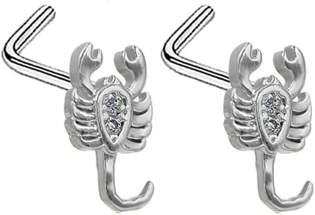 2Pcs 20G Scorpion L-Shaped Nose Rings Studs for Women Girls Stainless Steel CZ Stud Nose Rings Hypoallergenic Nose Screws Nose Piercing Jewelry