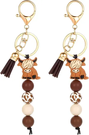 2Pcs Cow Keychain Gifts for Women, Cute Tassels, Cow Stuffed Animal Key Chain, Brown Cow Themed Decor, Western Keychains for Party Favors