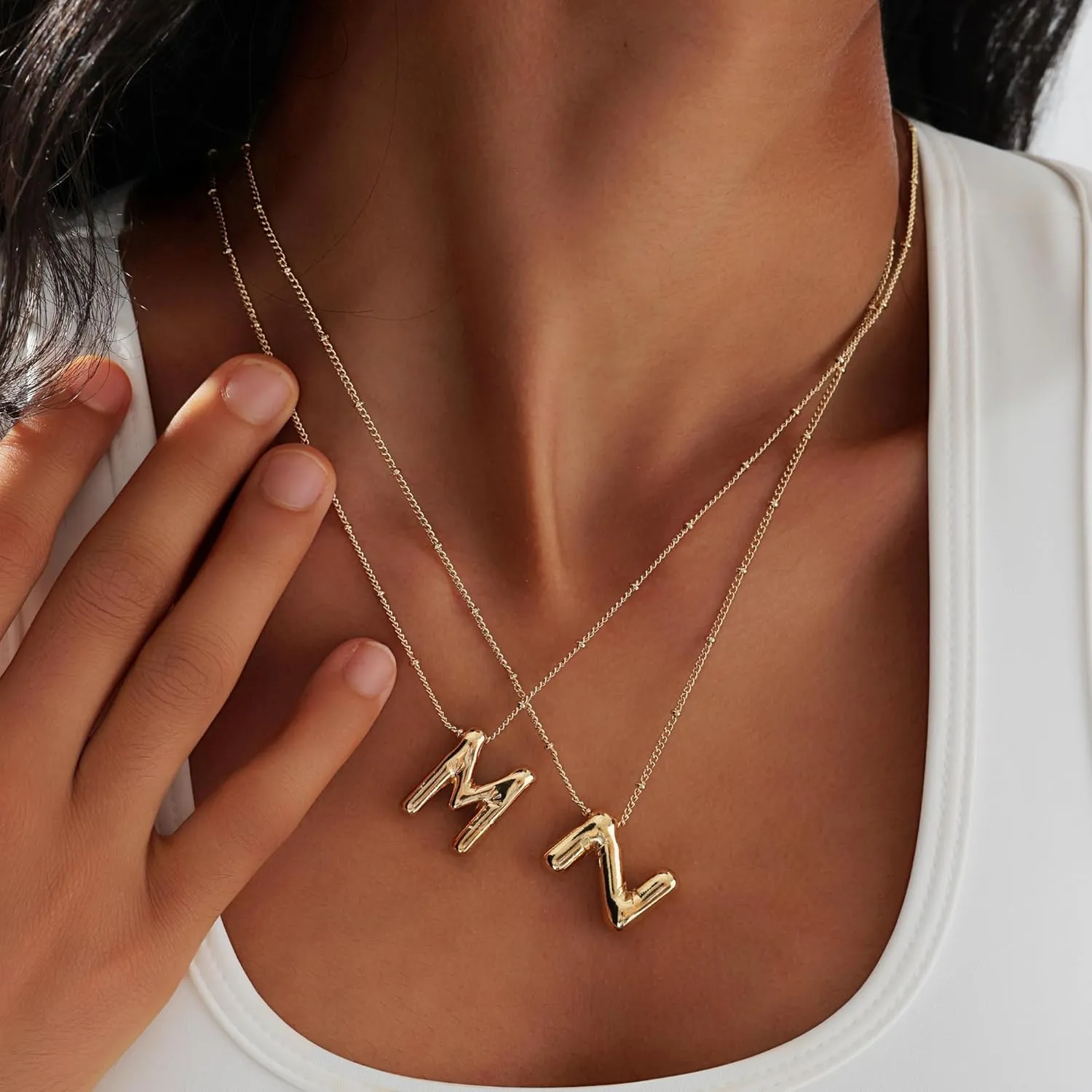 2PCS Gold Bubble Letter Necklace Pearl Necklaces For Women Gold Initial Name Layered Friendship Dainty Gold Necklace Birthday Gifts For Women
