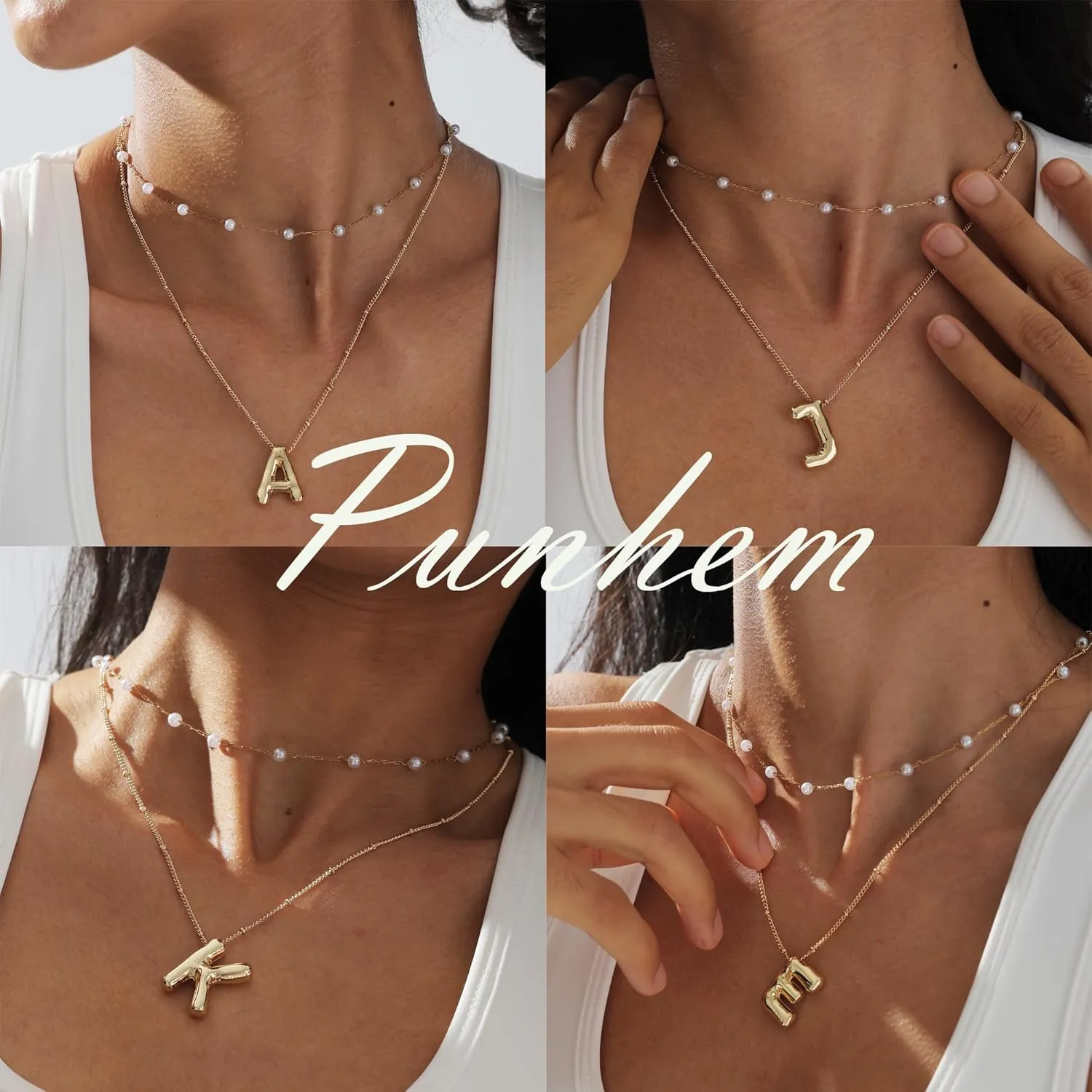 2PCS Gold Bubble Letter Necklace Pearl Necklaces For Women Gold Initial Name Layered Friendship Dainty Gold Necklace Birthday Gifts For Women