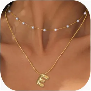 2PCS Gold Bubble Letter Necklace Pearl Necklaces For Women Gold Initial Name Layered Friendship Dainty Gold Necklace Birthday Gifts For Women