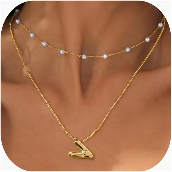 2PCS Gold Bubble Letter Necklace Pearl Necklaces For Women Gold Initial Name Layered Friendship Dainty Gold Necklace Birthday Gifts For Women