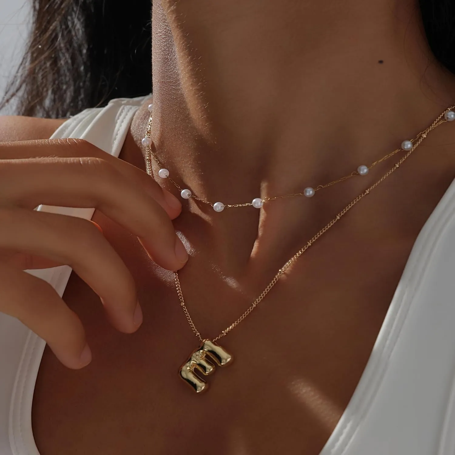 2PCS Gold Bubble Letter Necklace Pearl Necklaces For Women Gold Initial Name Layered Friendship Dainty Gold Necklace Birthday Gifts For Women