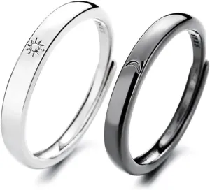 2Pcs Matching Couple Rings Set Sun and Moon Promise Ring Adjustable Matching Rings for Couples Promise Band Rings Anniversary Valentine's Jewelry