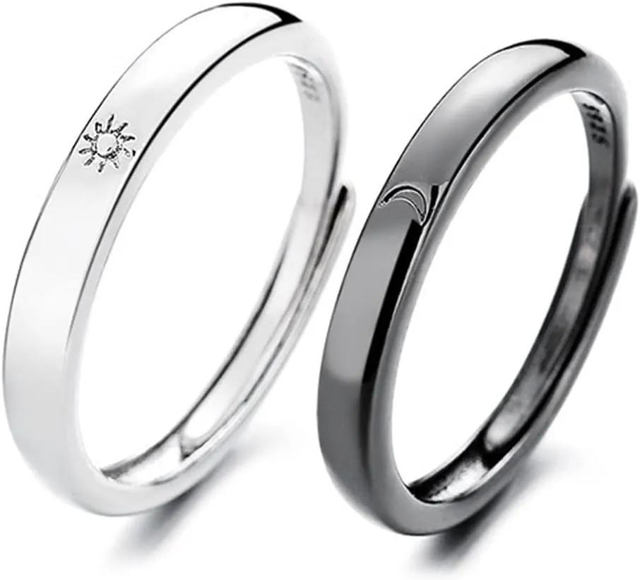 2Pcs Matching Couple Rings Set Sun and Moon Promise Ring Adjustable Matching Rings for Couples Promise Band Rings Anniversary Valentine's Jewelry