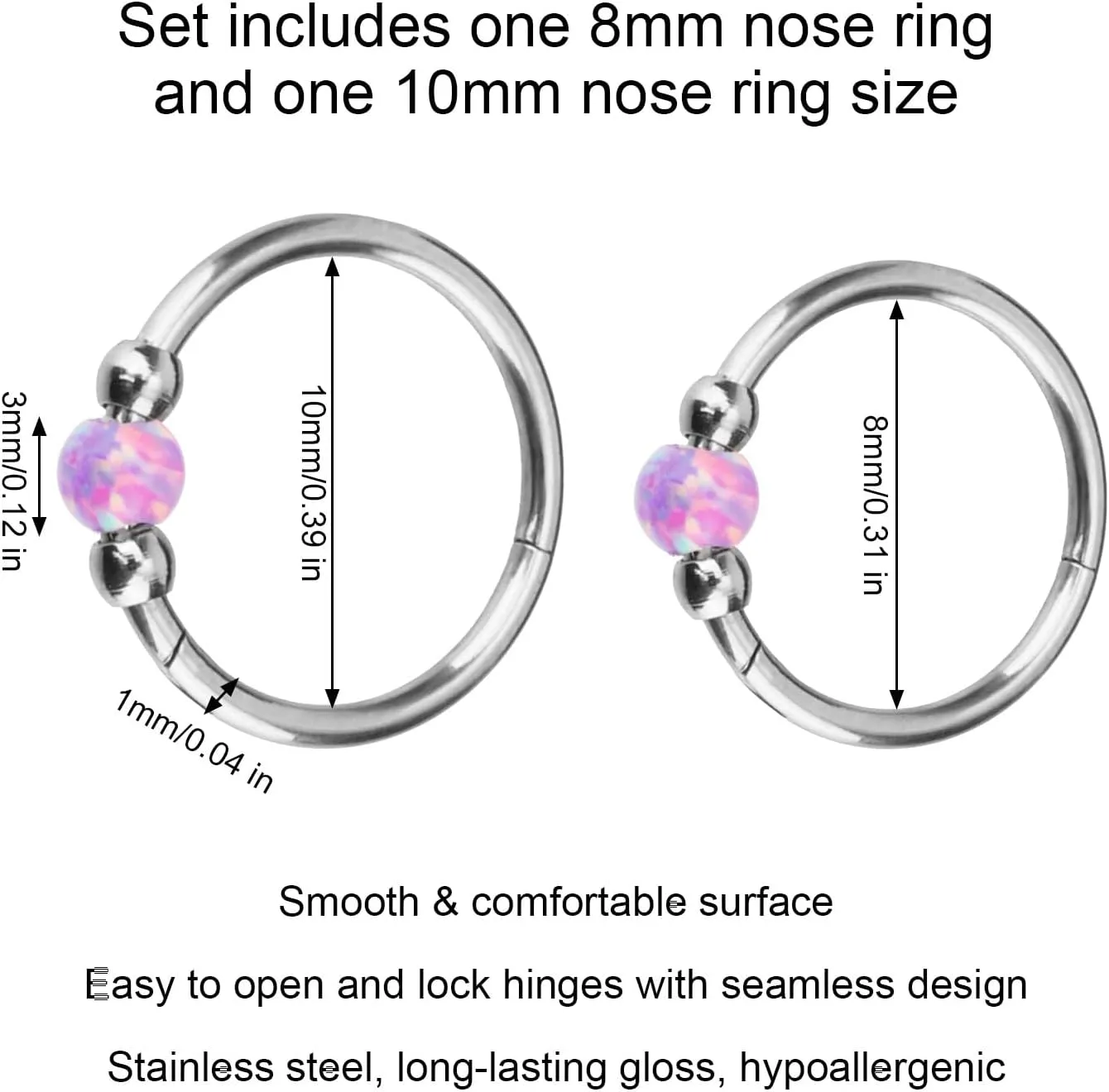 2pcs Opal Nose Rings for Women, 8mm & 10mm Nose Rings Hoops Stainless Steel Nose Piercing Jewelry Fashionable Septum Rings Cartilage Earring for Female Friends Fiance Gift