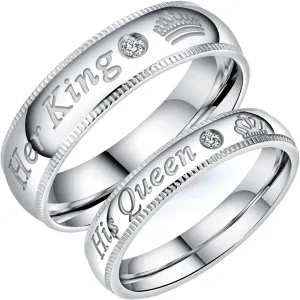 2pcs Silver Matching Couple Promise Rings Set His Queen Her King Stainless Steel Engagement Anniversary Rings Couple Jewelry Gifts