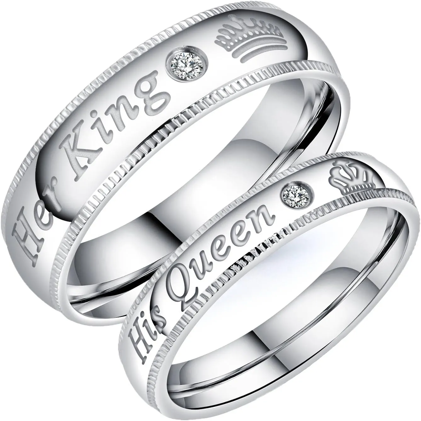 2pcs Silver Matching Couple Promise Rings Set His Queen Her King Stainless Steel Engagement Anniversary Rings Couple Jewelry Gifts