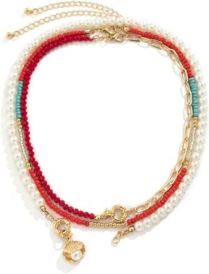 3 Layer Layered Choker Necklaces for Women, Imitation Pearl Beaded Chain Gold Necklace Jewelry