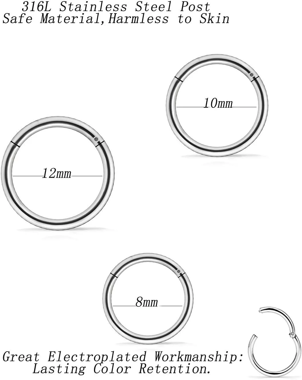 3 Pairs 18G 16G 14G Nose Rings Hoops 316l Surgical Steel Septum Jewelry Hinged Segment Clicker Ring Lip Ring Cartilage Tragus Rook Earrings Hoop 6mm 8mm 10mm 12mm Silver Black for Women Men