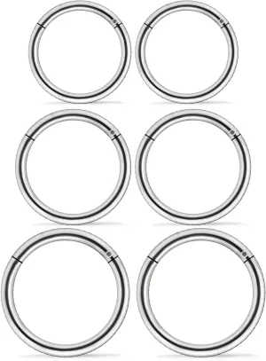 3 Pairs 18G 16G 14G Nose Rings Hoops 316l Surgical Steel Septum Jewelry Hinged Segment Clicker Ring Lip Ring Cartilage Tragus Rook Earrings Hoop 6mm 8mm 10mm 12mm Silver Black for Women Men