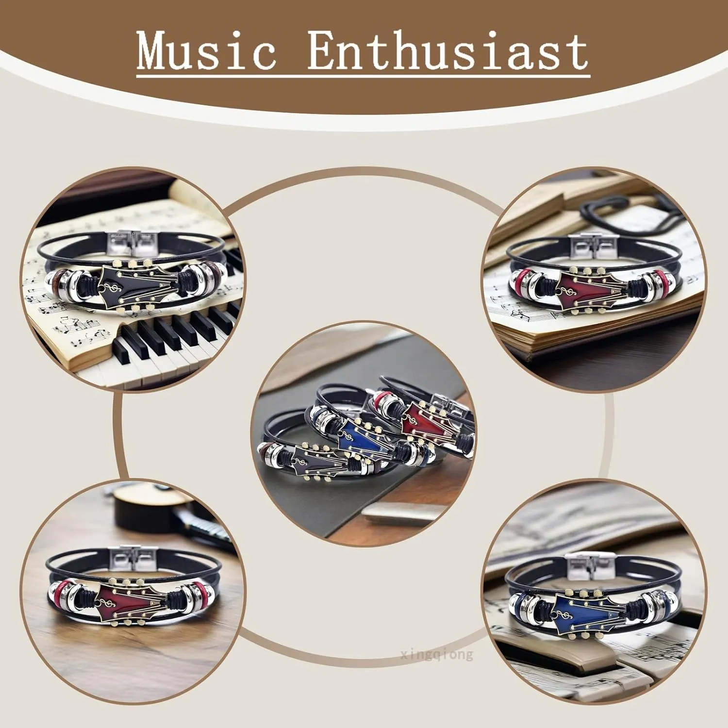 3 Set Retro Guitar Leather Bracelet For Man, Handmade Braided Zinc Alloy Rock Music Multi-Layer Wrap Bracelets Unique Punk Style Gifts Jewelry