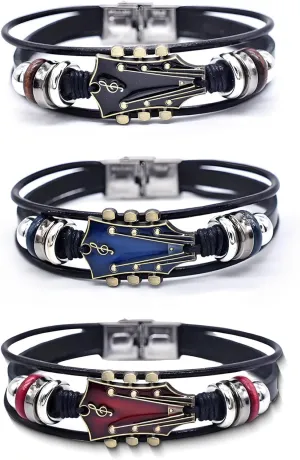 3 Set Retro Guitar Leather Bracelet For Man, Handmade Braided Zinc Alloy Rock Music Multi-Layer Wrap Bracelets Unique Punk Style Gifts Jewelry