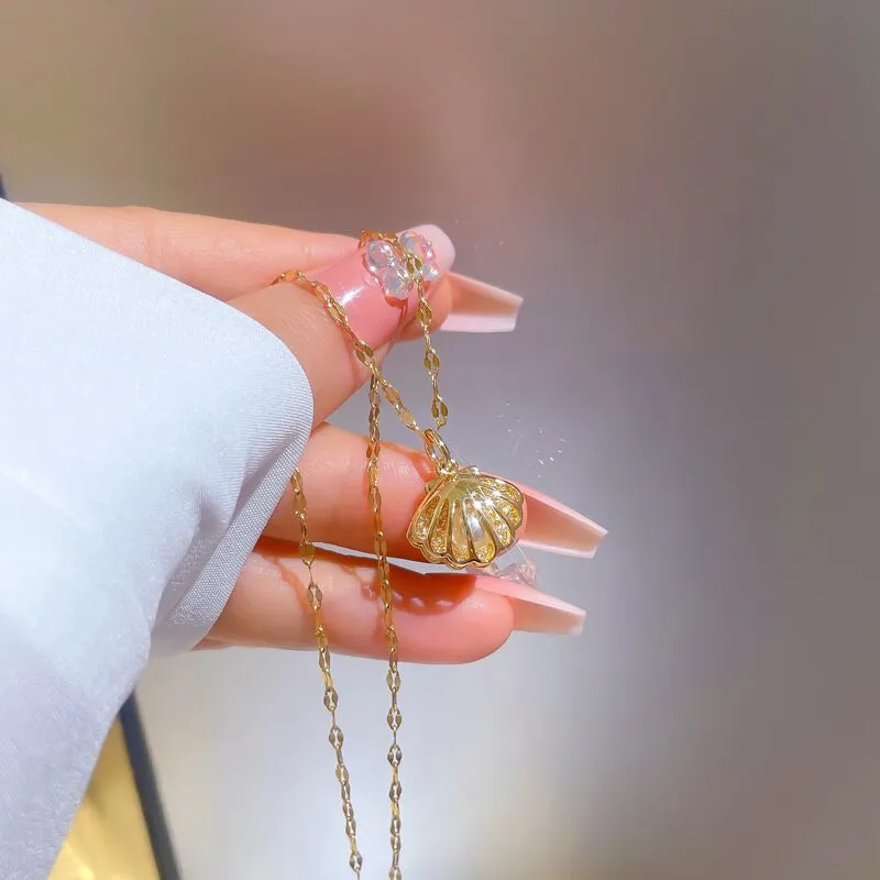 316L Stainless Steel Hollow Shell Imitation Pearl Pendant Necklace