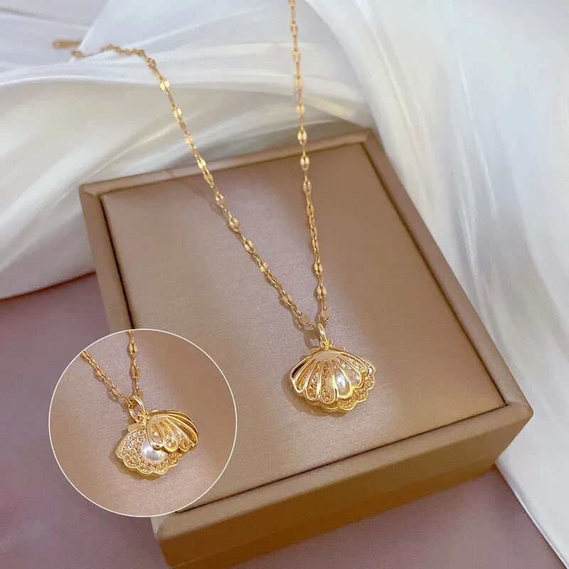 316L Stainless Steel Hollow Shell Imitation Pearl Pendant Necklace