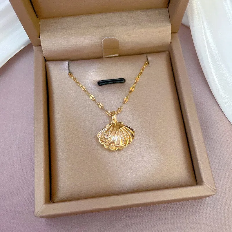 316L Stainless Steel Hollow Shell Imitation Pearl Pendant Necklace