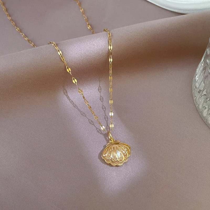 316L Stainless Steel Hollow Shell Imitation Pearl Pendant Necklace