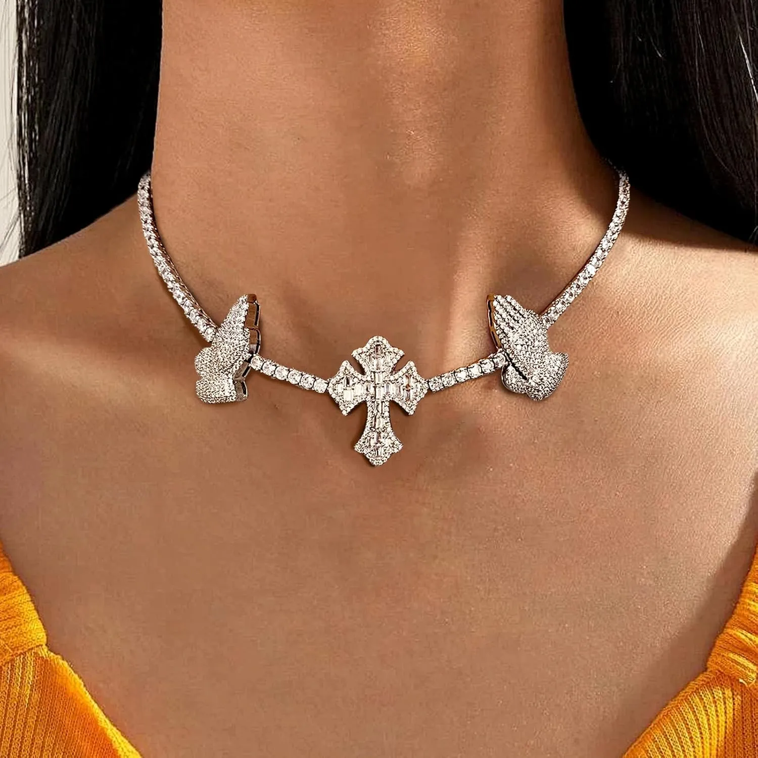 3.5MM Tennis Chains for Women Men, 18K White Gold Plated Tennis Necklaces with Cross Praying Hand Charm 3.5MM Thin Round Baguette 5A  Cubic Zirconia Simulated Diamond Necklace Bling Hip Hop Jewelry 18-20inch