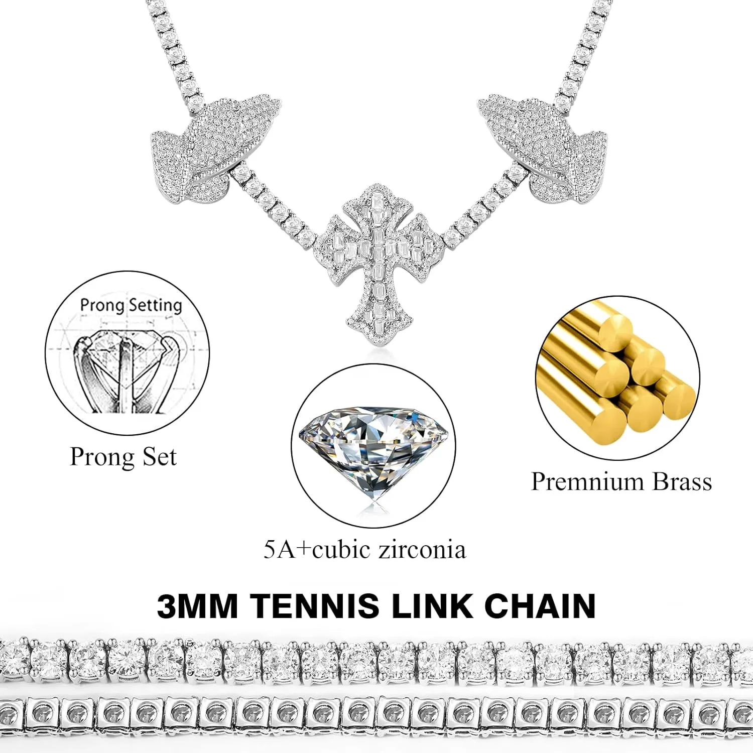 3.5MM Tennis Chains for Women Men, 18K White Gold Plated Tennis Necklaces with Cross Praying Hand Charm 3.5MM Thin Round Baguette 5A  Cubic Zirconia Simulated Diamond Necklace Bling Hip Hop Jewelry 18-20inch