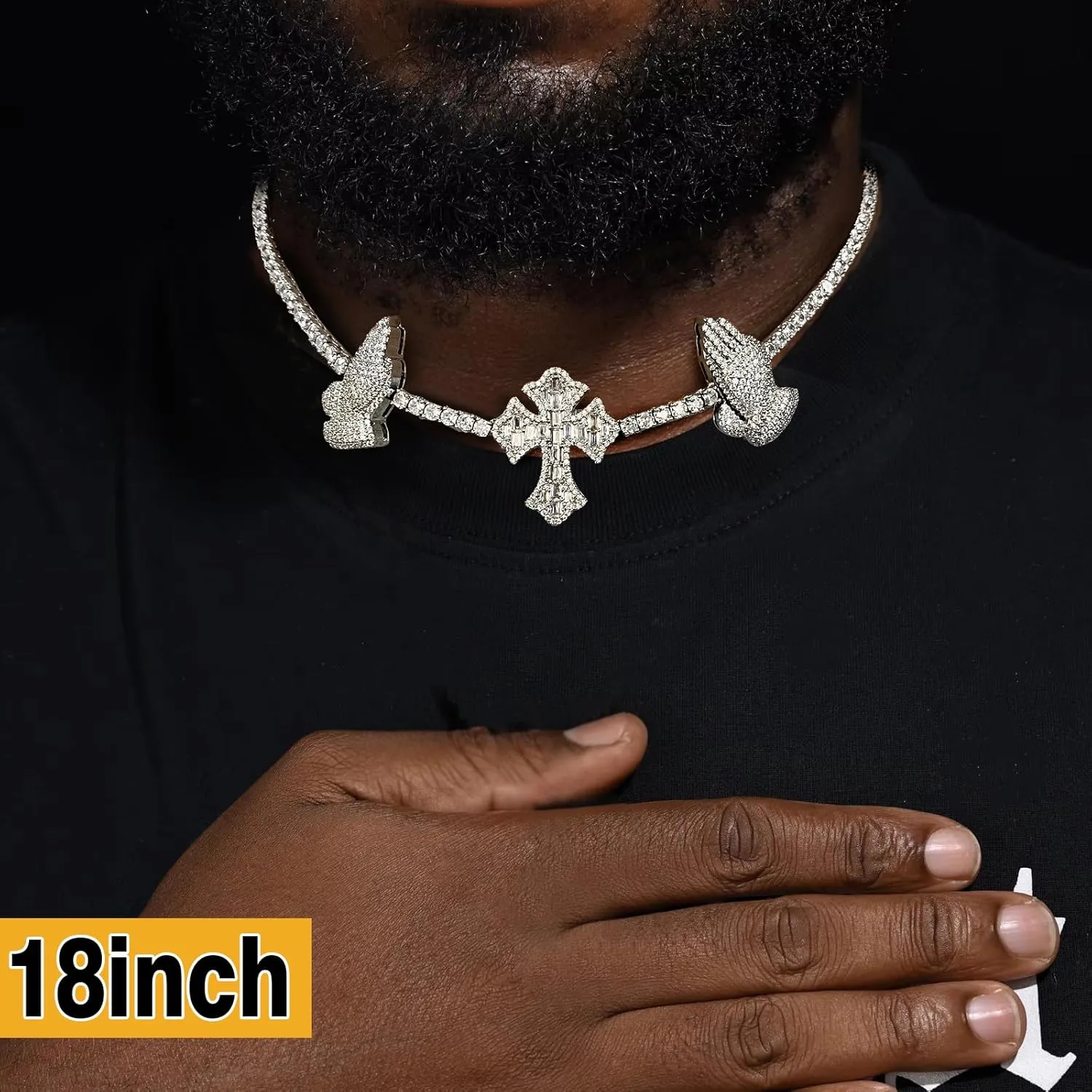 3.5MM Tennis Chains for Women Men, 18K White Gold Plated Tennis Necklaces with Cross Praying Hand Charm 3.5MM Thin Round Baguette 5A  Cubic Zirconia Simulated Diamond Necklace Bling Hip Hop Jewelry 18-20inch