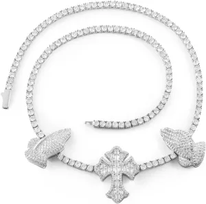 3.5MM Tennis Chains for Women Men, 18K White Gold Plated Tennis Necklaces with Cross Praying Hand Charm 3.5MM Thin Round Baguette 5A  Cubic Zirconia Simulated Diamond Necklace Bling Hip Hop Jewelry 18-20inch