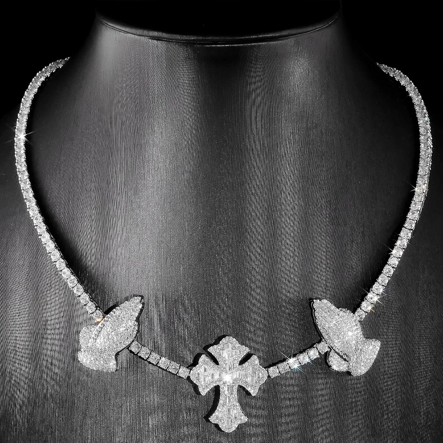 3.5MM Tennis Chains for Women Men, 18K White Gold Plated Tennis Necklaces with Cross Praying Hand Charm 3.5MM Thin Round Baguette 5A  Cubic Zirconia Simulated Diamond Necklace Bling Hip Hop Jewelry 18-20inch