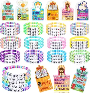 36 Sets Bible Verses Religious Christian Bracelets Bulk with Cards, Inspirational Motivational Christian Scripture Bracelets wwjd Beaded Jewelry for Sunday Supplies