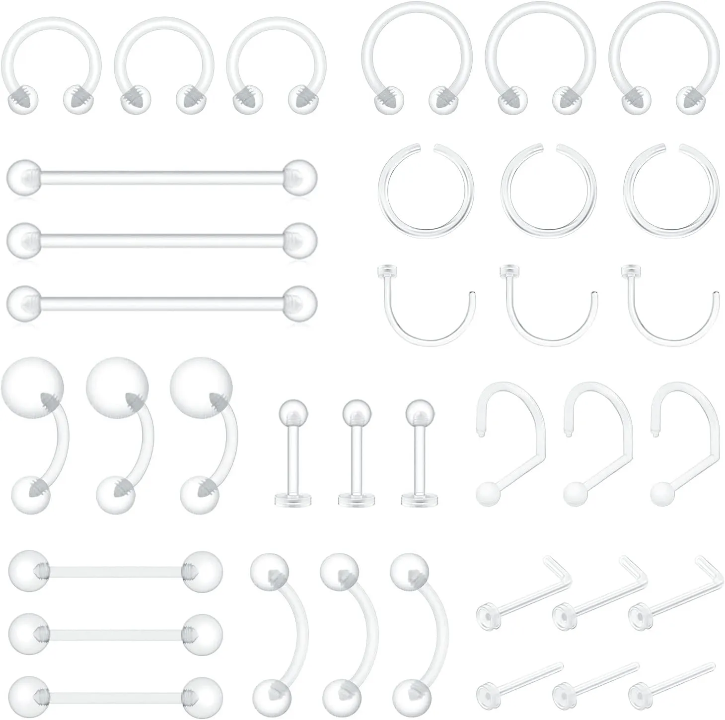 36pcs Clear Piercing Retainers Bioflex Plastic Jewelry for Nipple Tongue Nose Septum Eyebrow Belly Earrings Tragus Helix Cartilage Industrial Lip Labret Rings Studs For Surgery Mri