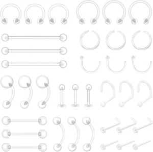 36pcs Clear Piercing Retainers Bioflex Plastic Jewelry for Nipple Tongue Nose Septum Eyebrow Belly Earrings Tragus Helix Cartilage Industrial Lip Labret Rings Studs For Surgery Mri