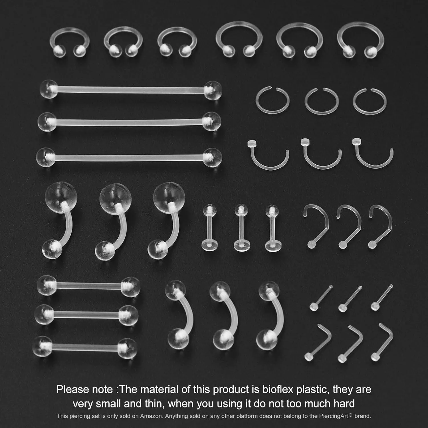 36pcs Clear Piercing Retainers Bioflex Plastic Jewelry for Nipple Tongue Nose Septum Eyebrow Belly Earrings Tragus Helix Cartilage Industrial Lip Labret Rings Studs For Surgery Mri