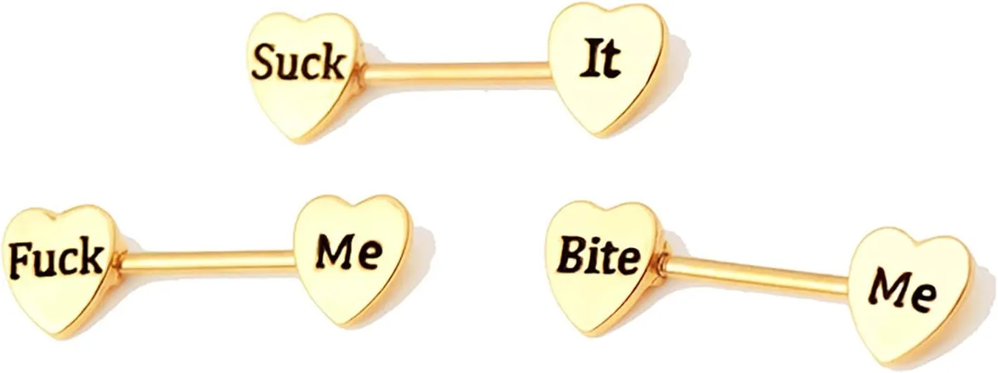 3Pairs 14G Stainless Steel Nipple Rings Suck It Heart Shape Letter Straight Barbell Bars Tongue Ring 13mm Bite Me Body Piercing Jewelry Set