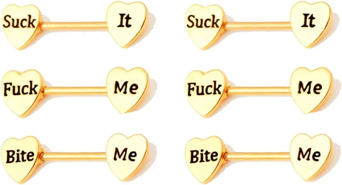 3Pairs 14G Stainless Steel Nipple Rings Suck It Heart Shape Letter Straight Barbell Bars Tongue Ring 13mm Bite Me Body Piercing Jewelry Set
