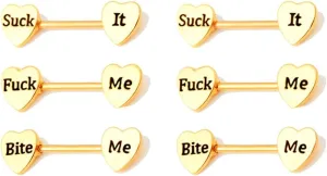 3Pairs 14G Stainless Steel Nipple Rings Suck It Heart Shape Letter Straight Barbell Bars Tongue Ring 13mm Bite Me Body Piercing Jewelry Set