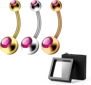 3Pcs 14G Belly Ring Stainless Steel Double Rhinestones Belly Button Rings Curved Barbells Navel Bars Navel Rings Body Piercing Jewelry Gifts Set