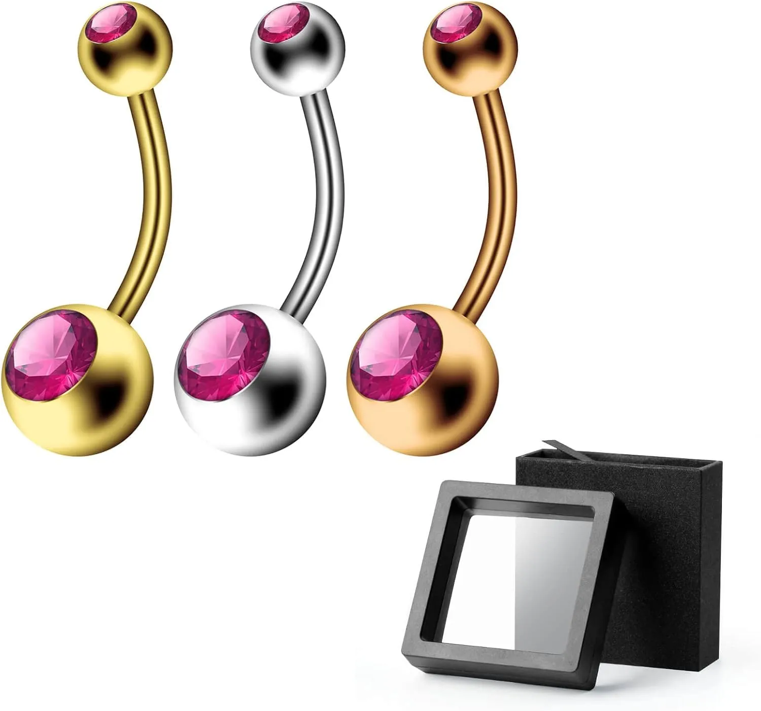 3Pcs 14G Belly Ring Stainless Steel Double Rhinestones Belly Button Rings Curved Barbells Navel Bars Navel Rings Body Piercing Jewelry Gifts Set