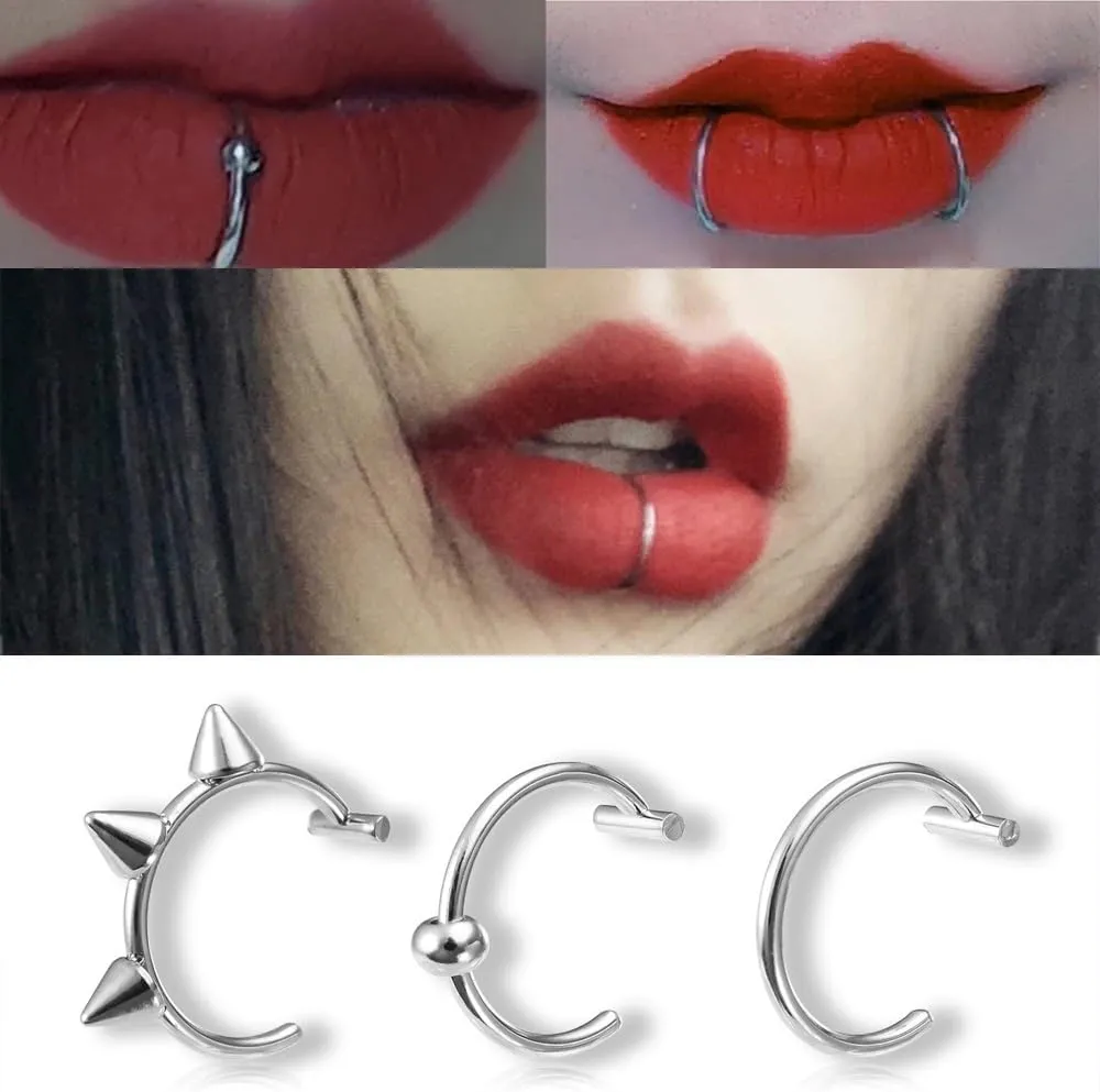 3Pcs 14G T-Shaped Fake Lip Rings for Women Men Stainless Steel Clip On Non Piercing Lip Rings Nose Septum Rings Fake Lip Piercing Jewelry