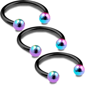 3pcs 16g Horseshoe Ring Lip Nose Septum Cartilage Hoop Tragus Forward Helix Black Anodized Steel Rainbow Balls - Pick Size