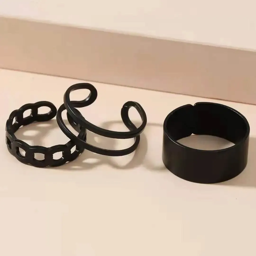 3PCS Black Ring Joint Finger Chain Adjustable Jewelry Anneaux for Men Women Gothic Anillos Aesthetic Anel Trend Accessories