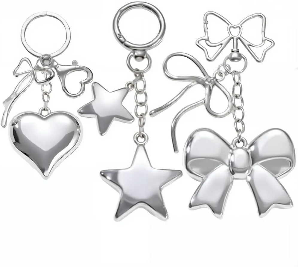 3pcs Heart Keychain Bow Keychain Star Keychain for Women,Silver Keychain Heart Purse Charm Bow Bag Charm Aesthetic Keychain Accessories,Cute Keychain Charms Decorative for Purse Backpack Handbag Gift