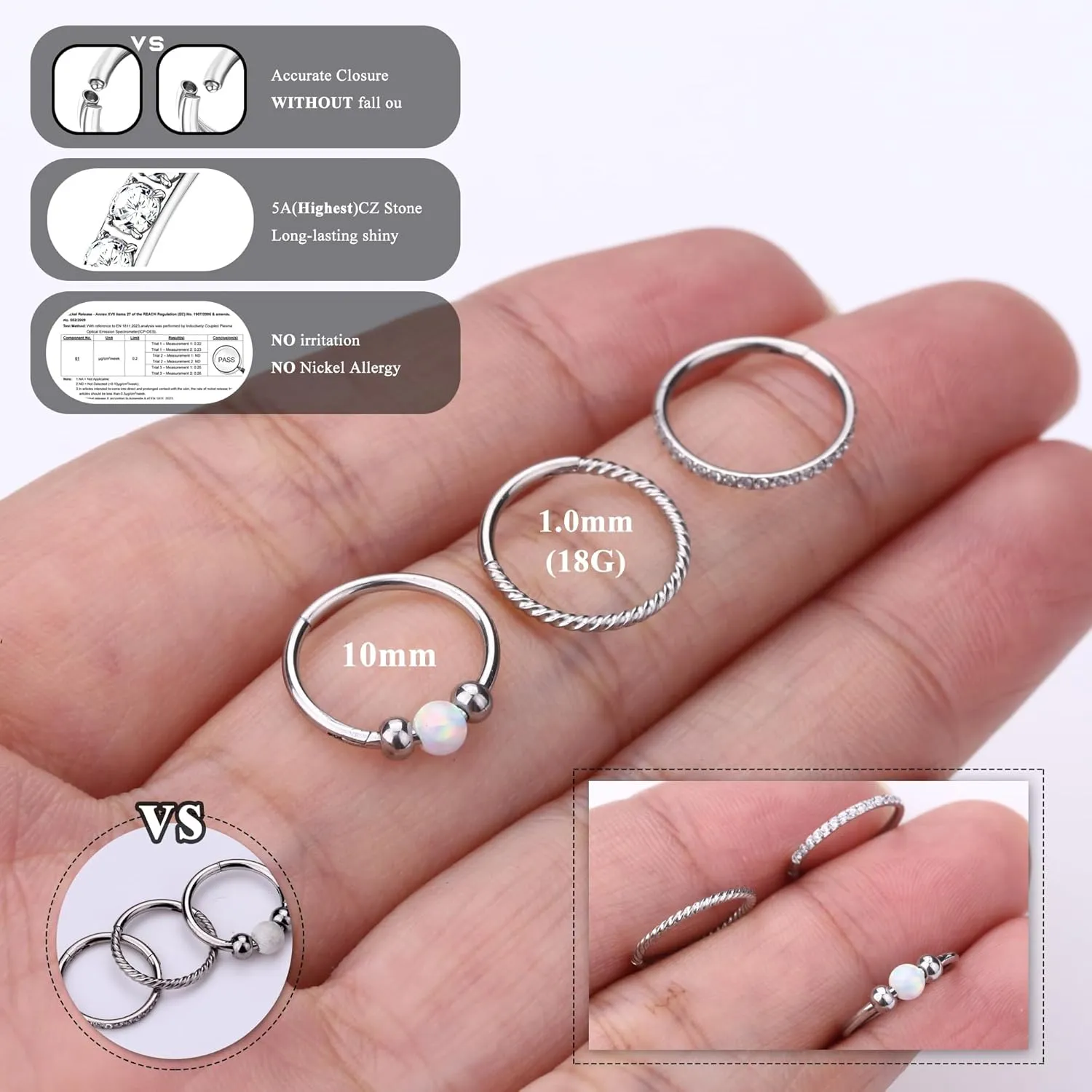 3pcs Hoop Nose Rings for women 316L Surgical Steel 18K Gold Nose Ring Hoop 8mm/10mm Nose Hoop Hinged CZ Conch Clicker Lip Rings Cartilage Helix Rook Tragus Daith Earring Hoops Body Piercing Jewelry