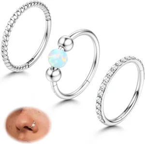 3pcs Hoop Nose Rings for women 316L Surgical Steel 18K Gold Nose Ring Hoop 8mm/10mm Nose Hoop Hinged CZ Conch Clicker Lip Rings Cartilage Helix Rook Tragus Daith Earring Hoops Body Piercing Jewelry