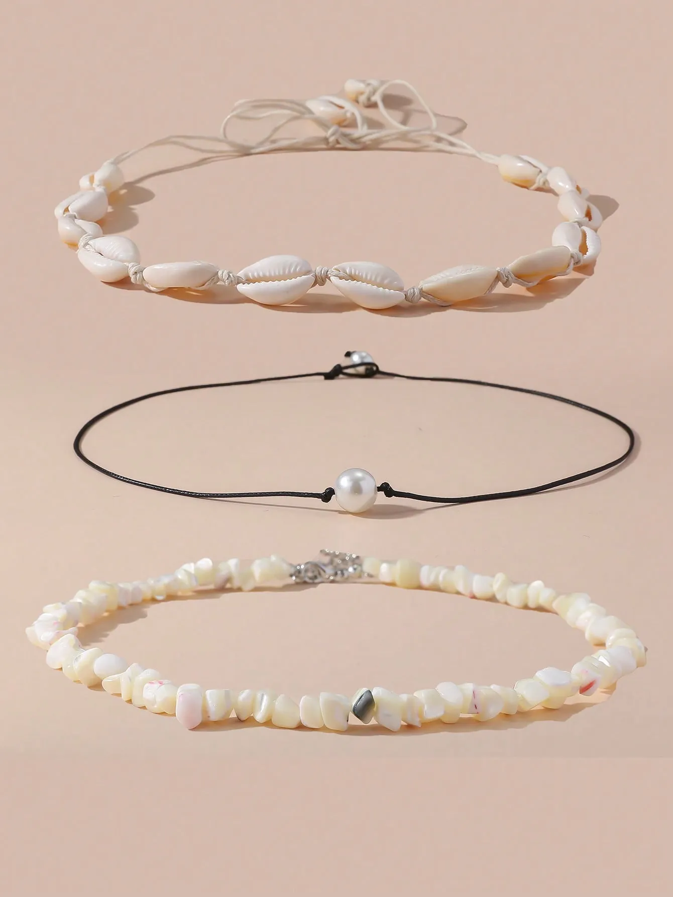 3pcs/set Bohemian Style Natural Shell & Faux Pearl Chip Necklace For Summer