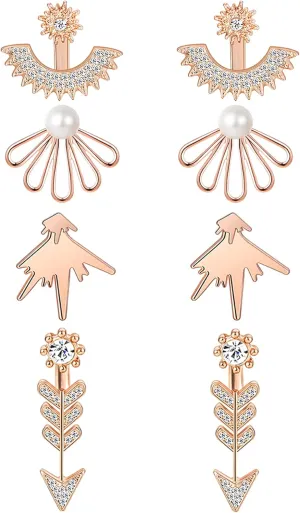 4 Pairs Earrings Jackets Lotus Flower Earrings Simple Chic Ear Stud Earrings Clear CZ Stud Earrings Set for Women Silver Rose Gold Tone